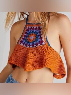 Free People Bella Crochet Top Orange Granny Square Festival Boho Crop Top XS